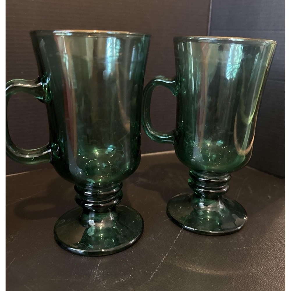 Libbey Juniper Green Glass Footed Irish Coffee Mugs Gold Rim‎ Set Of 2 Vintage